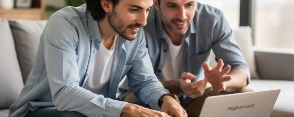 Couple trentenaire consultant une estimation de taux de crédit immobilier sur ordinateur portable