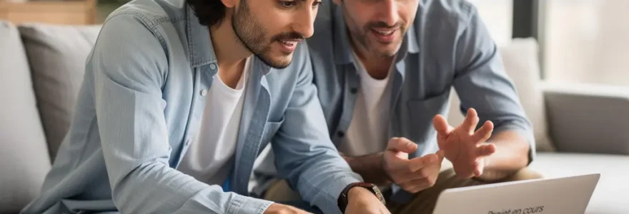 Couple trentenaire consultant une estimation de taux de crédit immobilier sur ordinateur portable