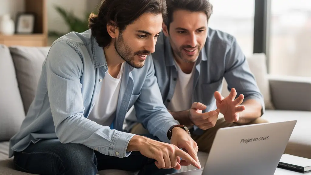 Couple trentenaire consultant une estimation de taux de crédit immobilier sur ordinateur portable