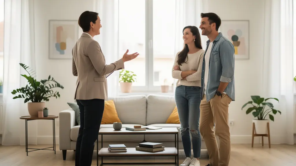 Agent immobilier présentant un appartement à un couple d'acheteurs potentiels